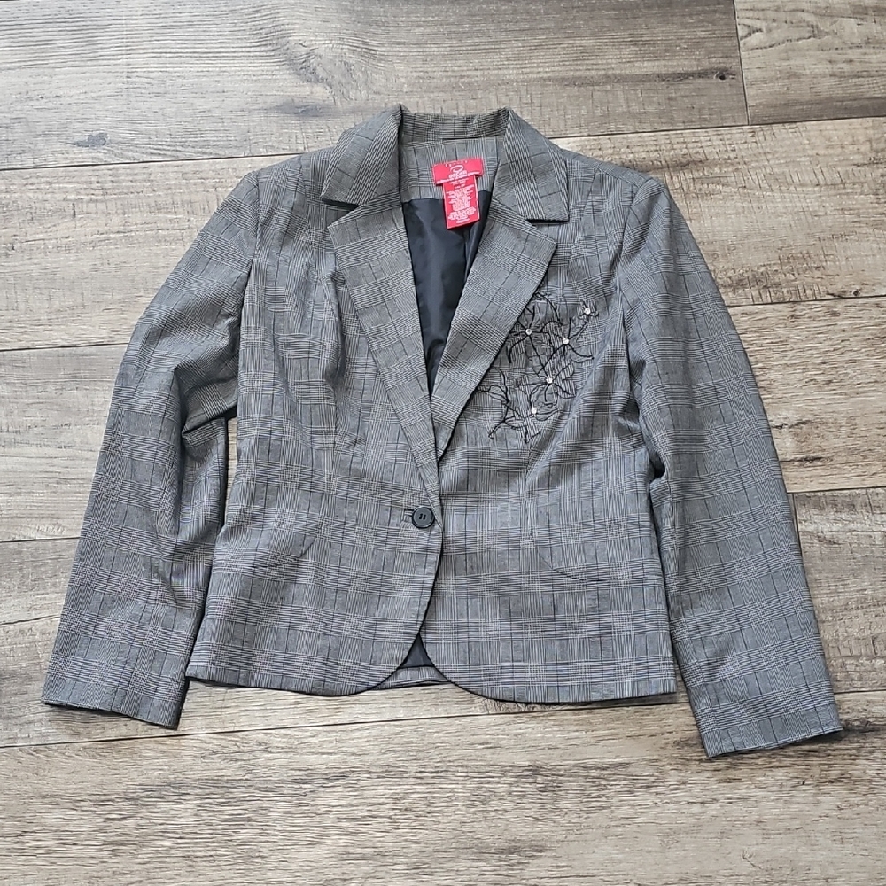 OSCAR De La Renta Blazer Womens Size 8P Gray Double Breasted Floral